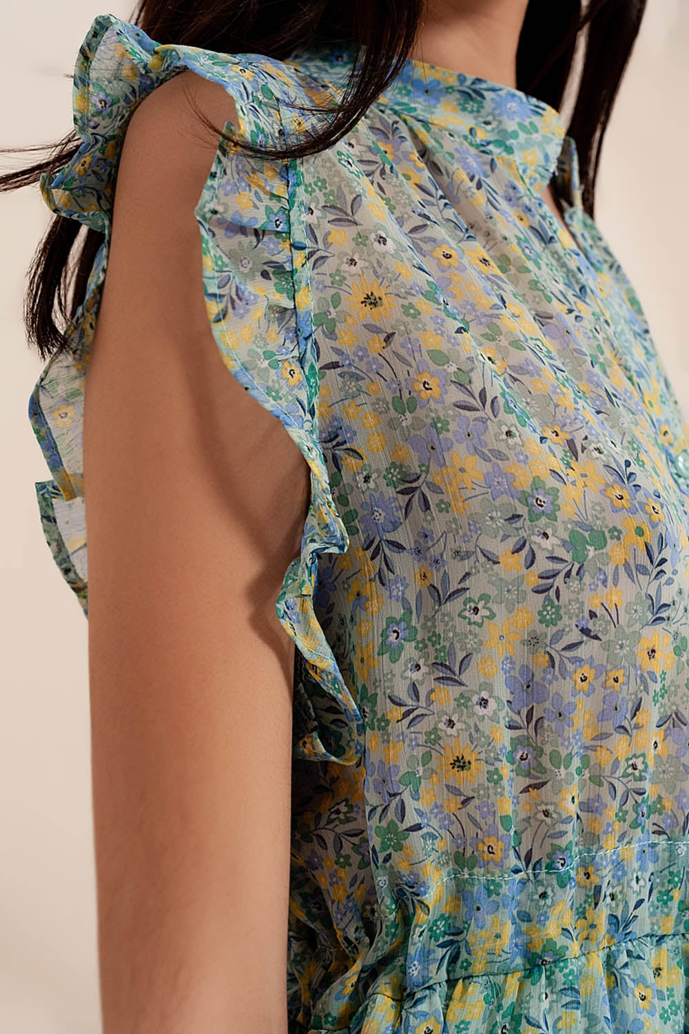 Mini dress with ruffle trims in vintage floral in green - dress