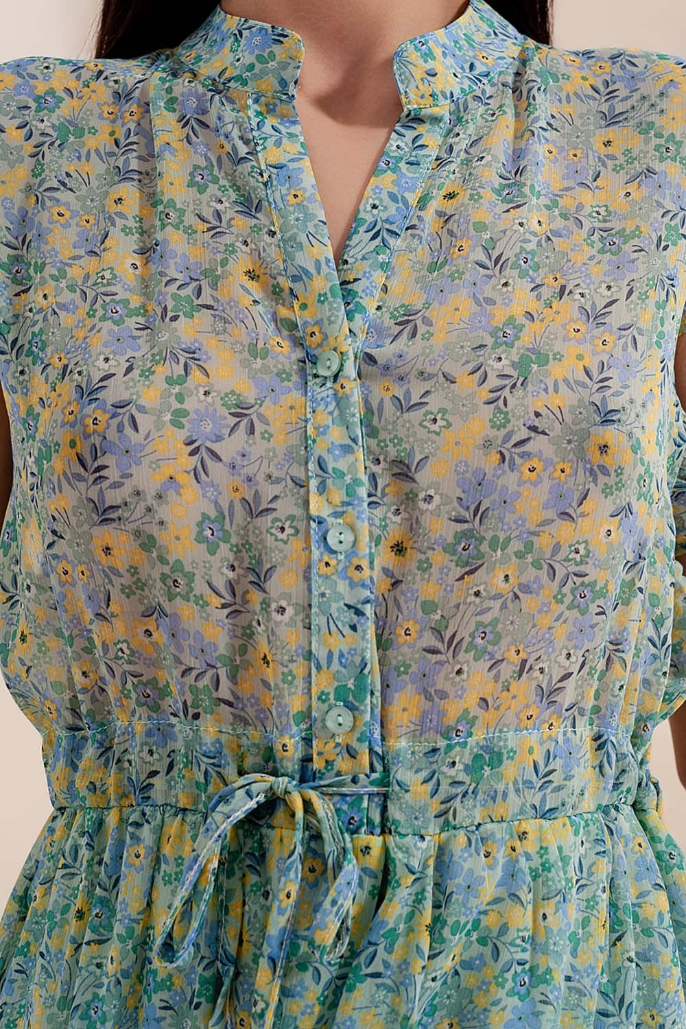 Mini dress with ruffle trims in vintage floral in green - dress