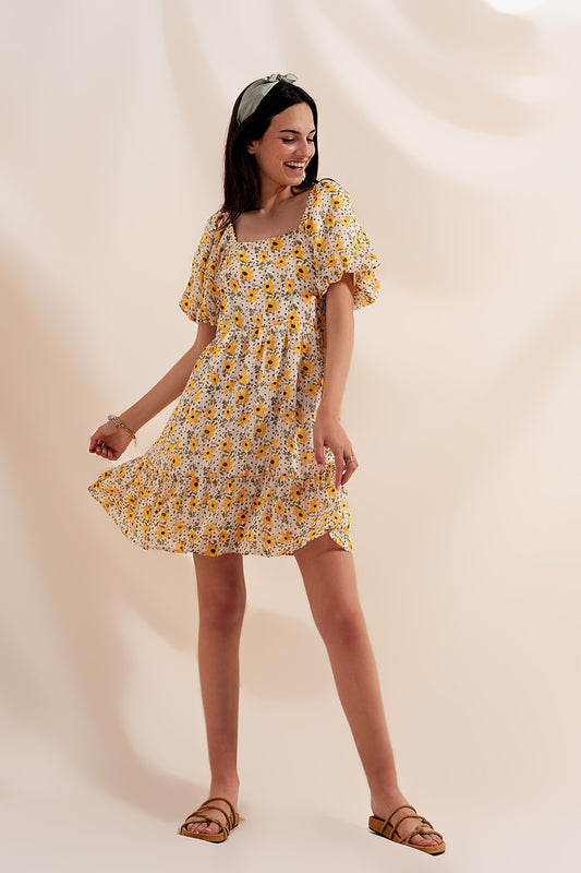 Puff sleeve smock dress in yellow - dress