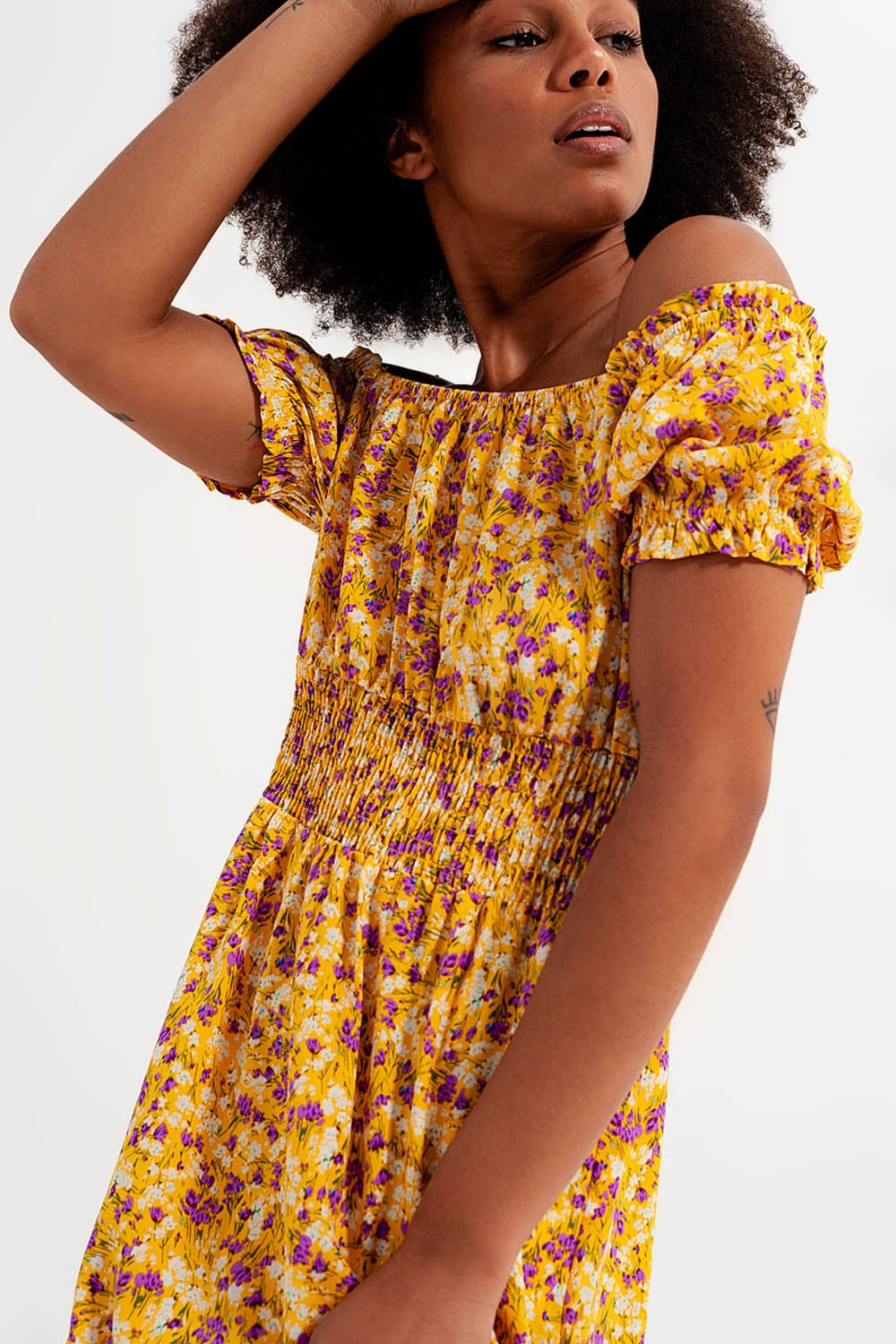 Mini dress with shirred detail in yellow ditsy floral print - dress