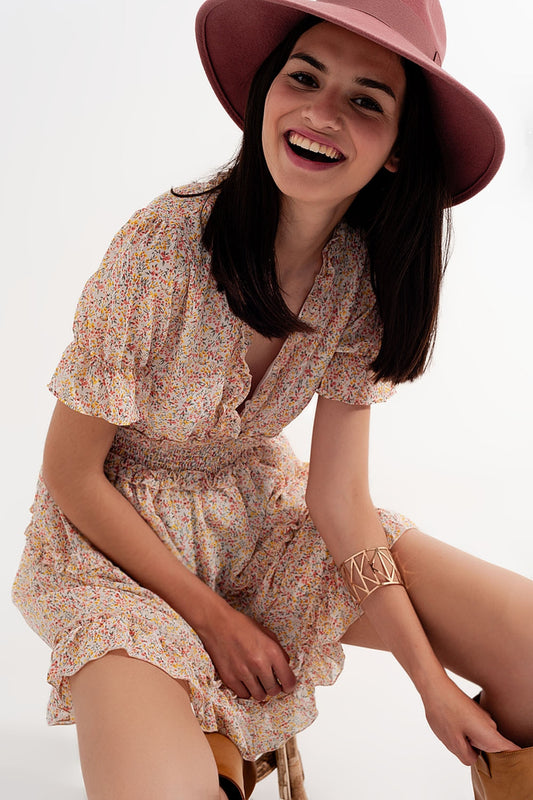 shirred mini skater dress in floral yellow - dress
