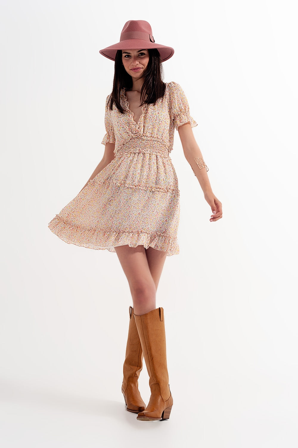 shirred mini skater dress in floral yellow - dress