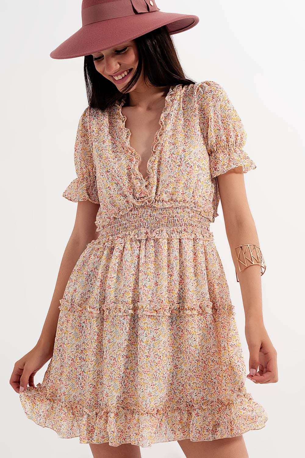 shirred mini skater dress in floral yellow - dress