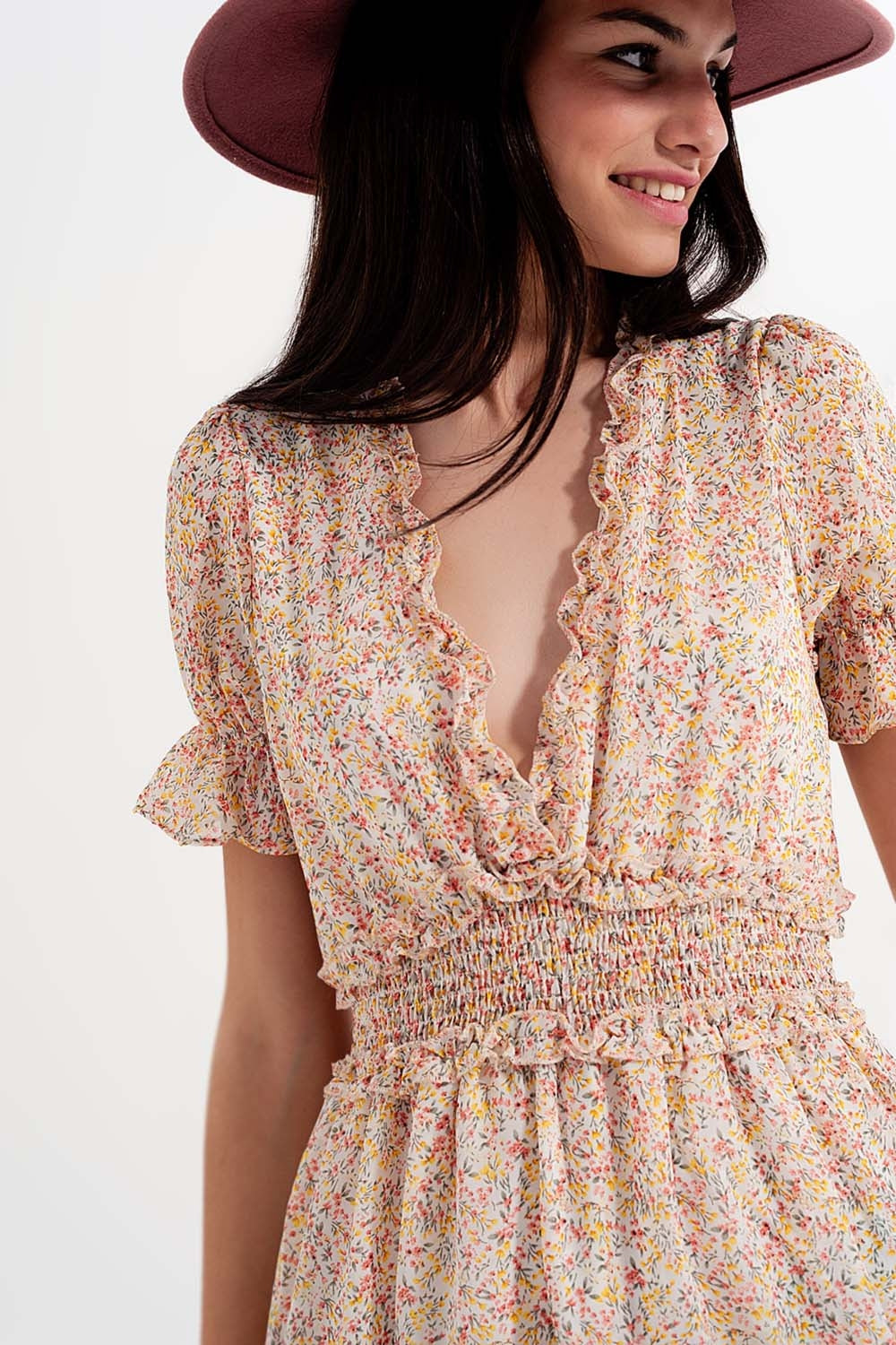 shirred mini skater dress in floral yellow - dress
