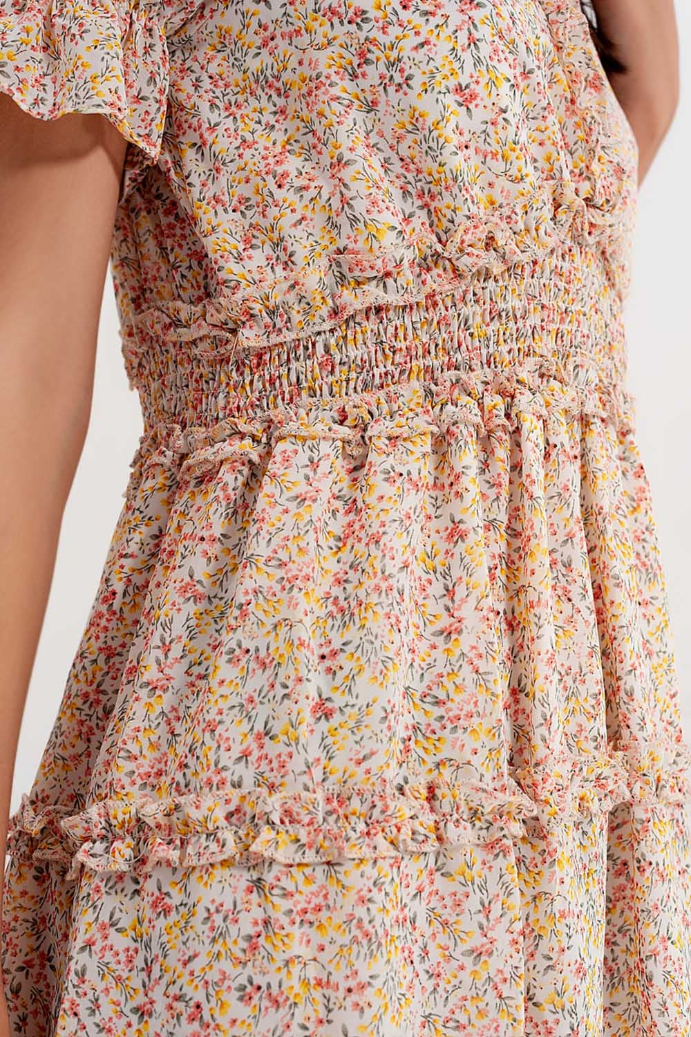 shirred mini skater dress in floral yellow - dress