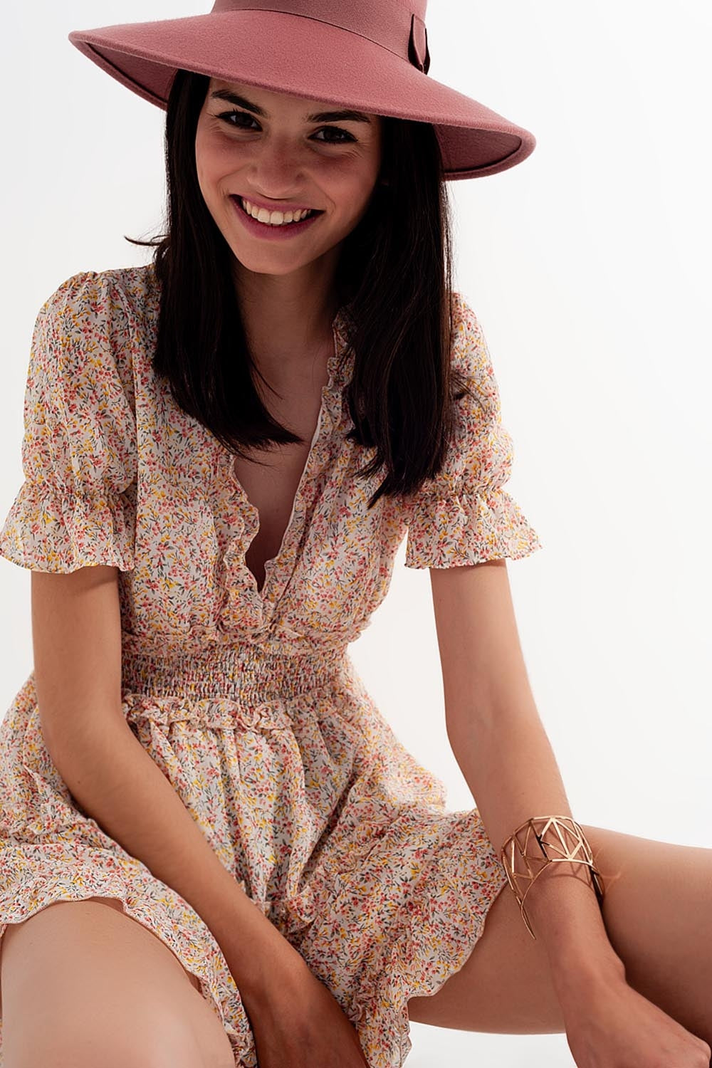 shirred mini skater dress in floral yellow - dress