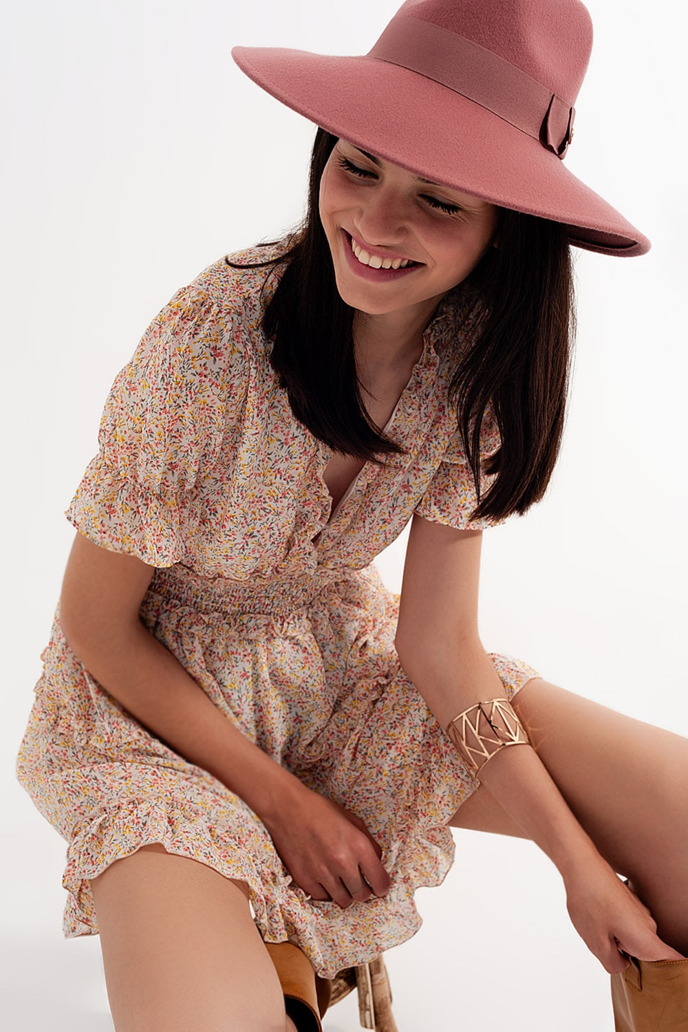 shirred mini skater dress in floral yellow - dress