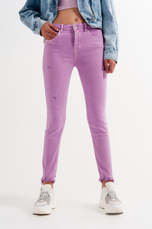 Distressed raw hem skinny jeans in lilac - Coloured Jeans