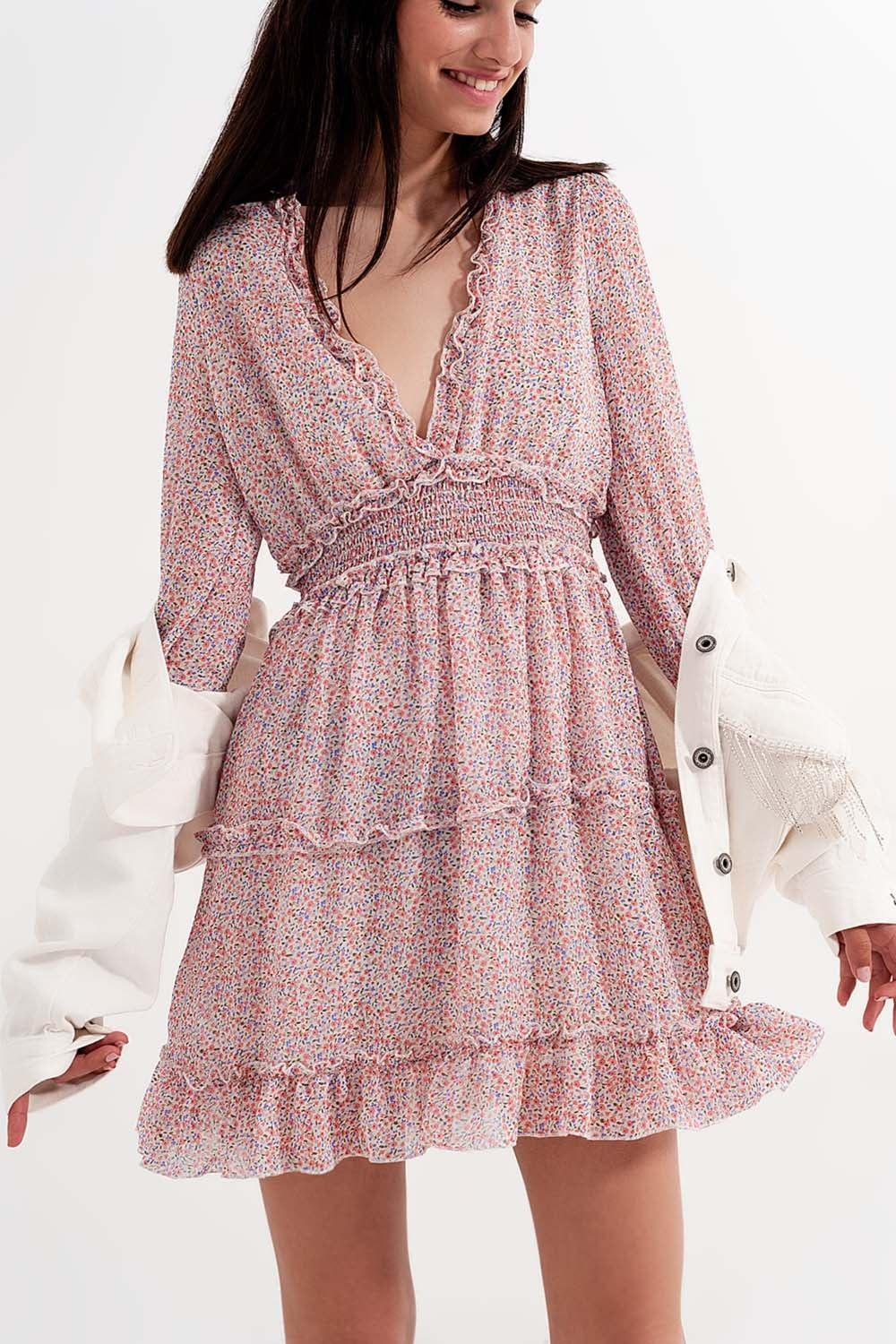 shirred mini skater long sleeve dress in pink floral - dress