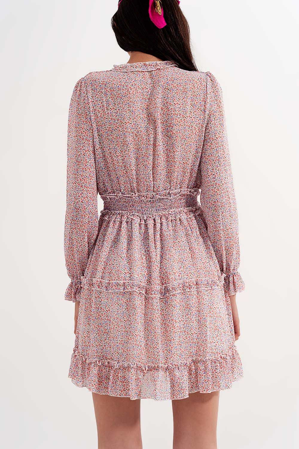 shirred mini skater long sleeve dress in pink floral - dress