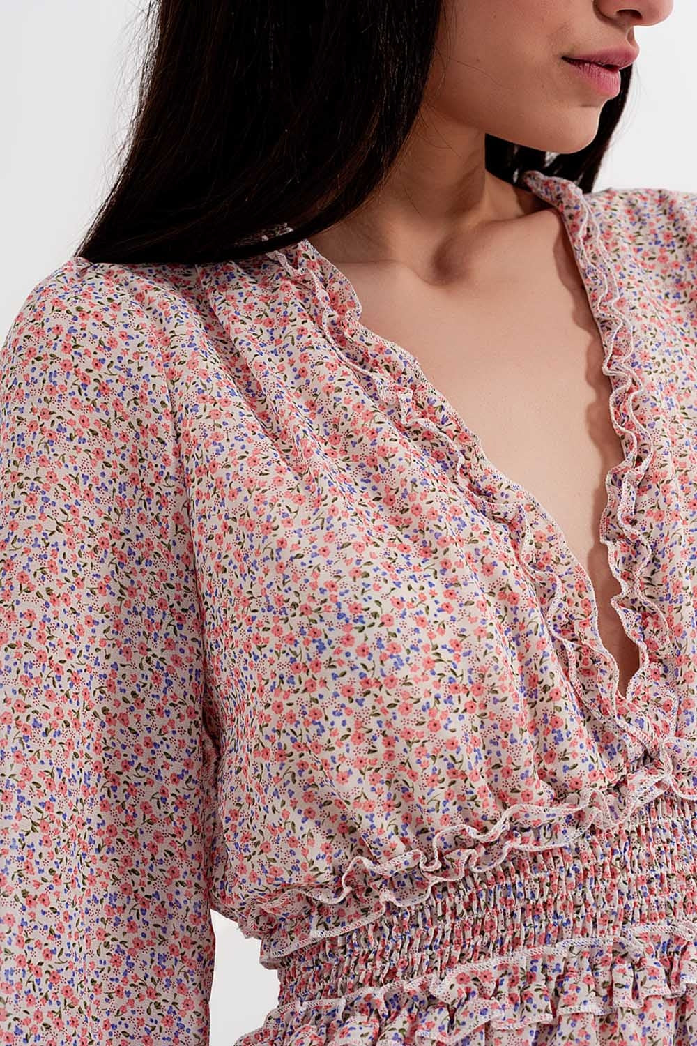 shirred mini skater long sleeve dress in pink floral - dress