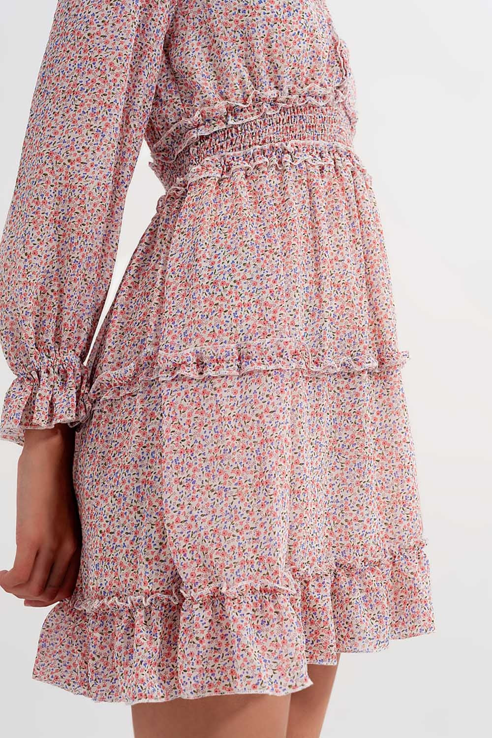 shirred mini skater long sleeve dress in pink floral - dress