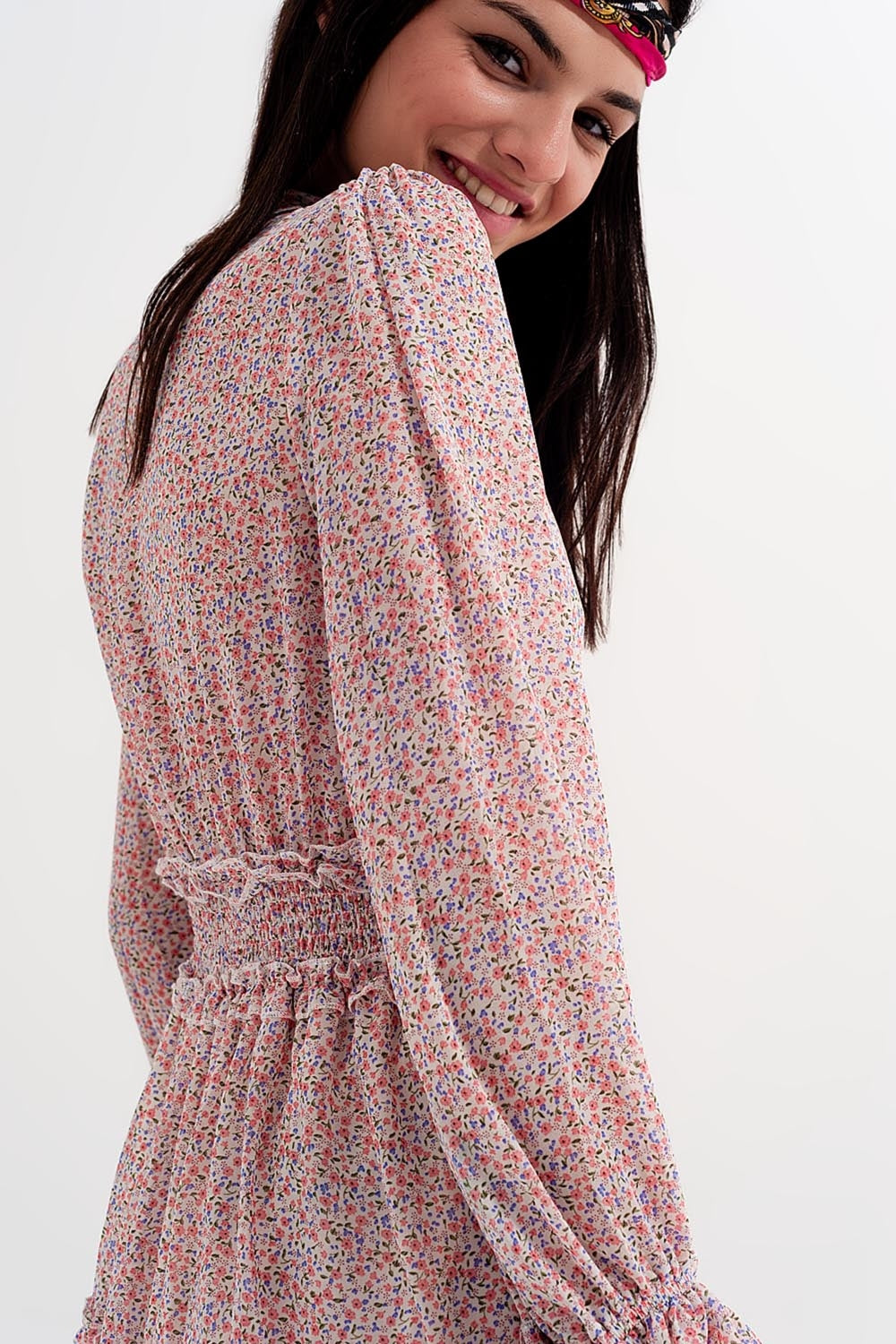 shirred mini skater long sleeve dress in pink floral - dress