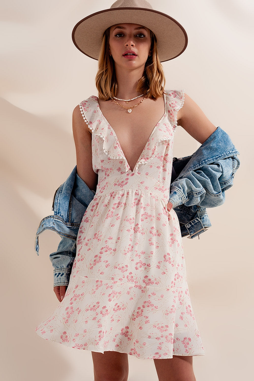 Mini swing dress with plunge neck in pink floral - dress