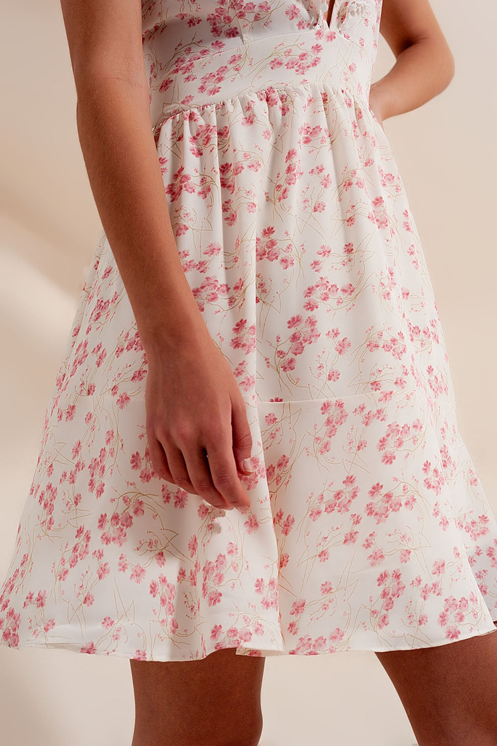 Mini swing dress with plunge neck in pink floral - dress