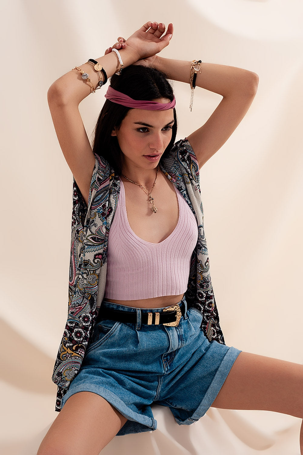 High waisted pleated denim shorts in mid wash - Denim