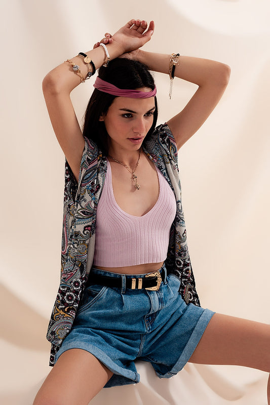 High waisted pleated denim shorts in mid wash - Denim