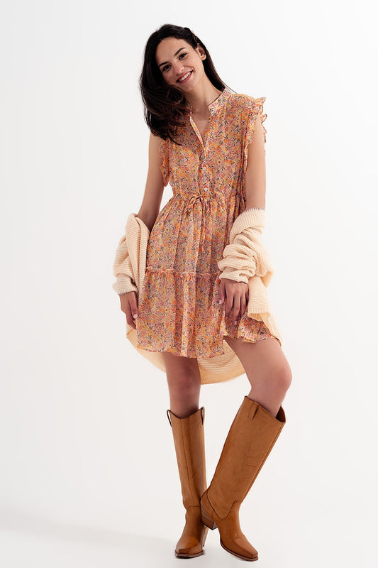 Mini dress with ruffle trims in vintage floral in coral - dress