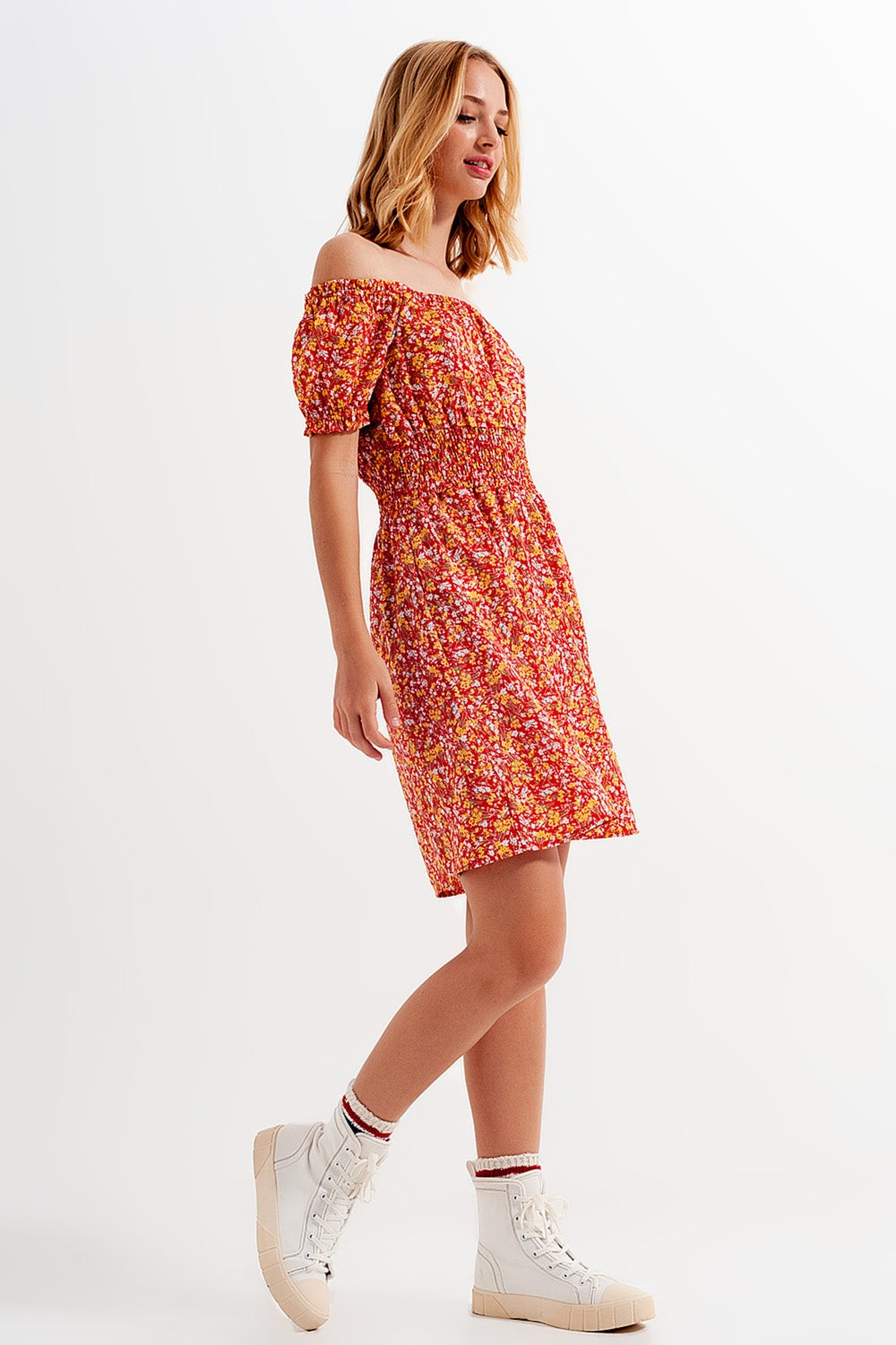 Mini dress with shirred detail in red ditsy floral print - dress