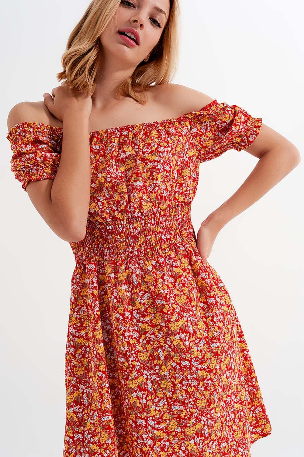 Mini dress with shirred detail in red ditsy floral print - dress