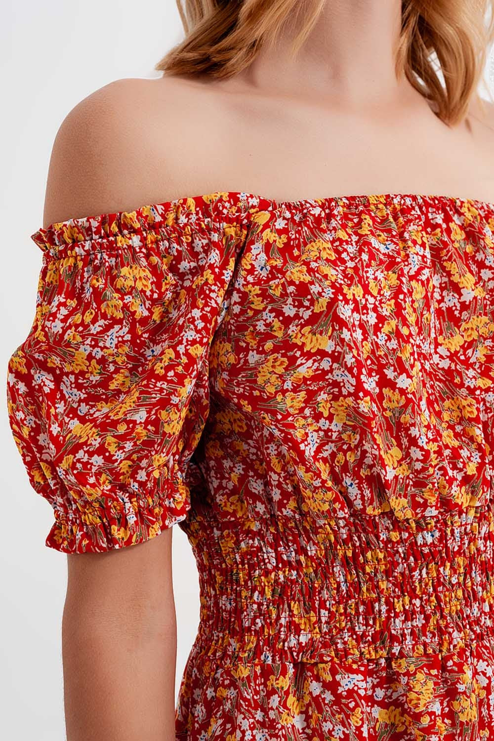 Mini dress with shirred detail in red ditsy floral print - dress