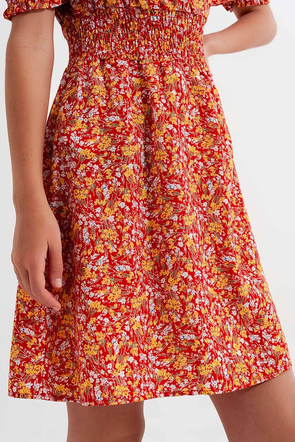 Mini dress with shirred detail in red ditsy floral print - dress