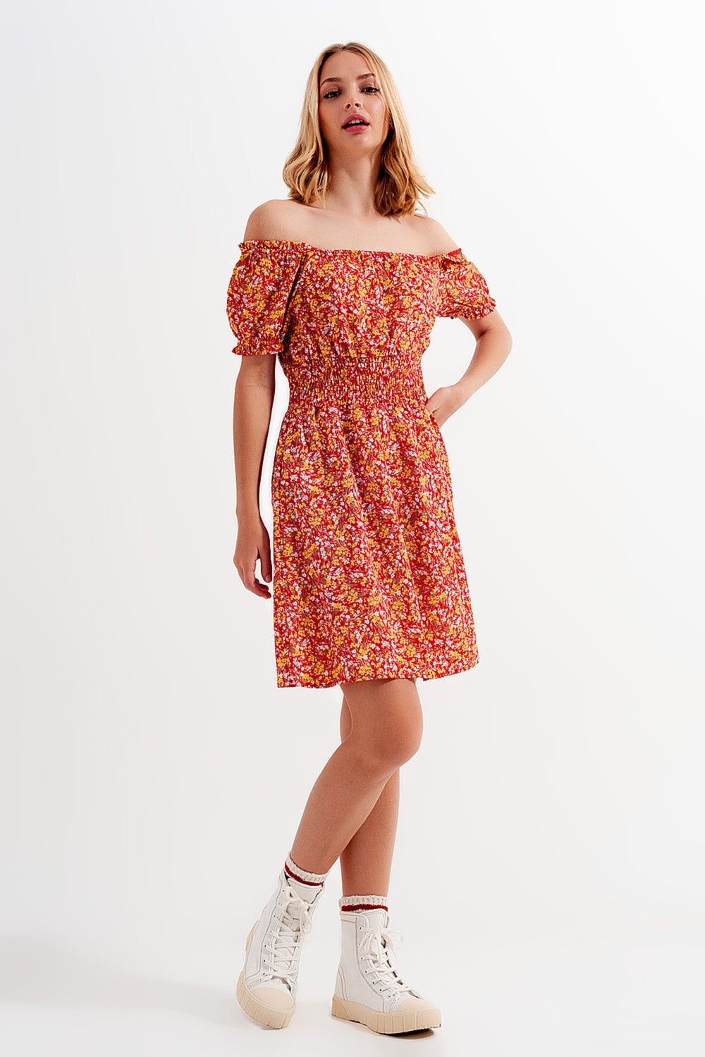 Mini dress with shirred detail in red ditsy floral print - dress