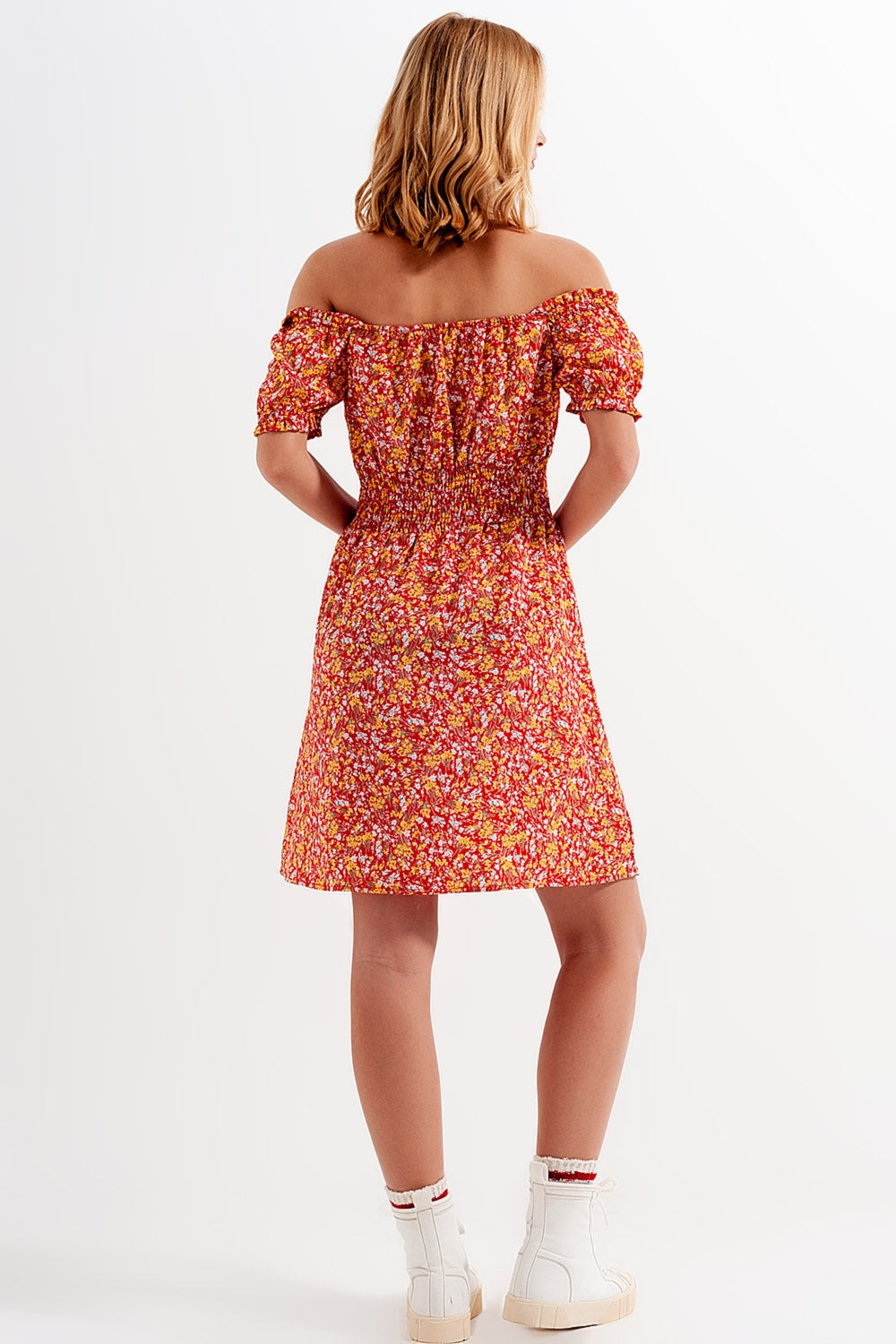 Mini dress with shirred detail in red ditsy floral print - dress