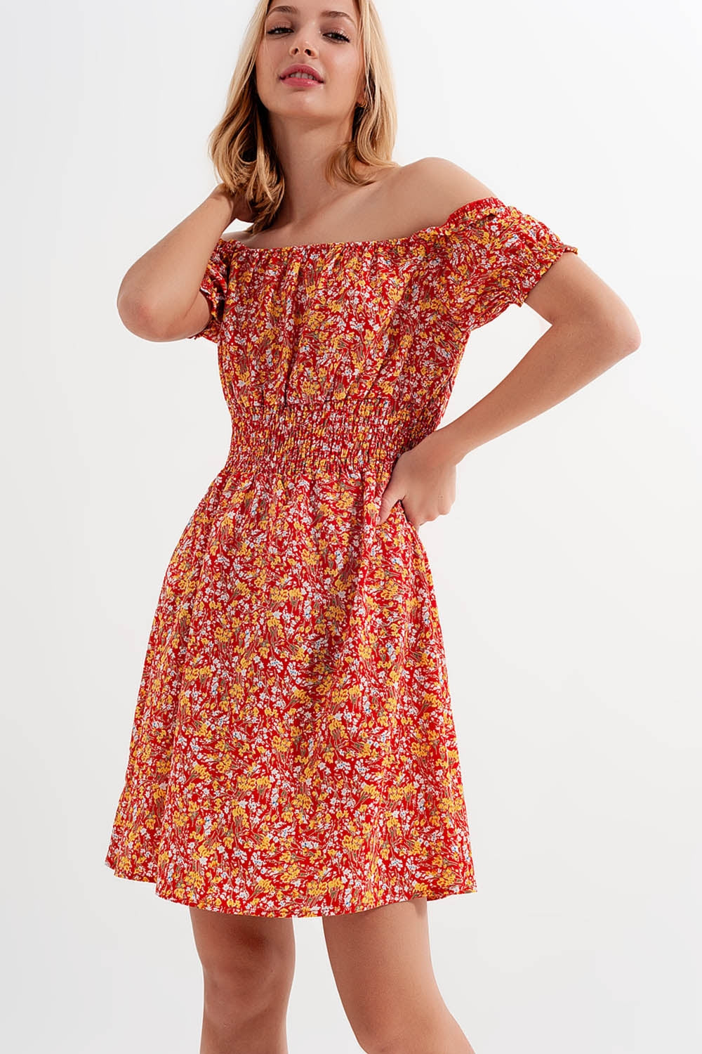 Mini dress with shirred detail in red ditsy floral print - dress