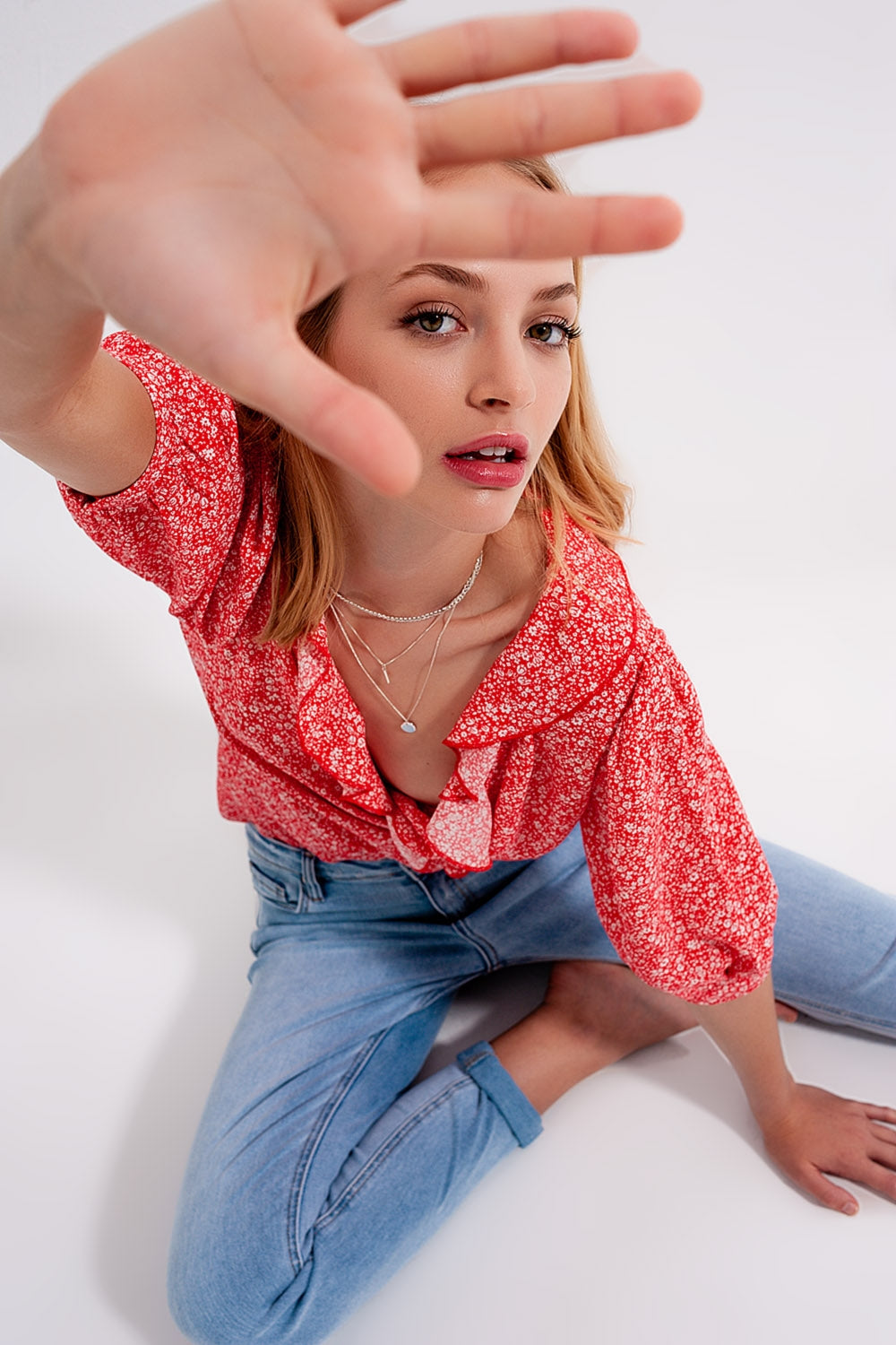 Red wrap top in clustered flower print - Shirts