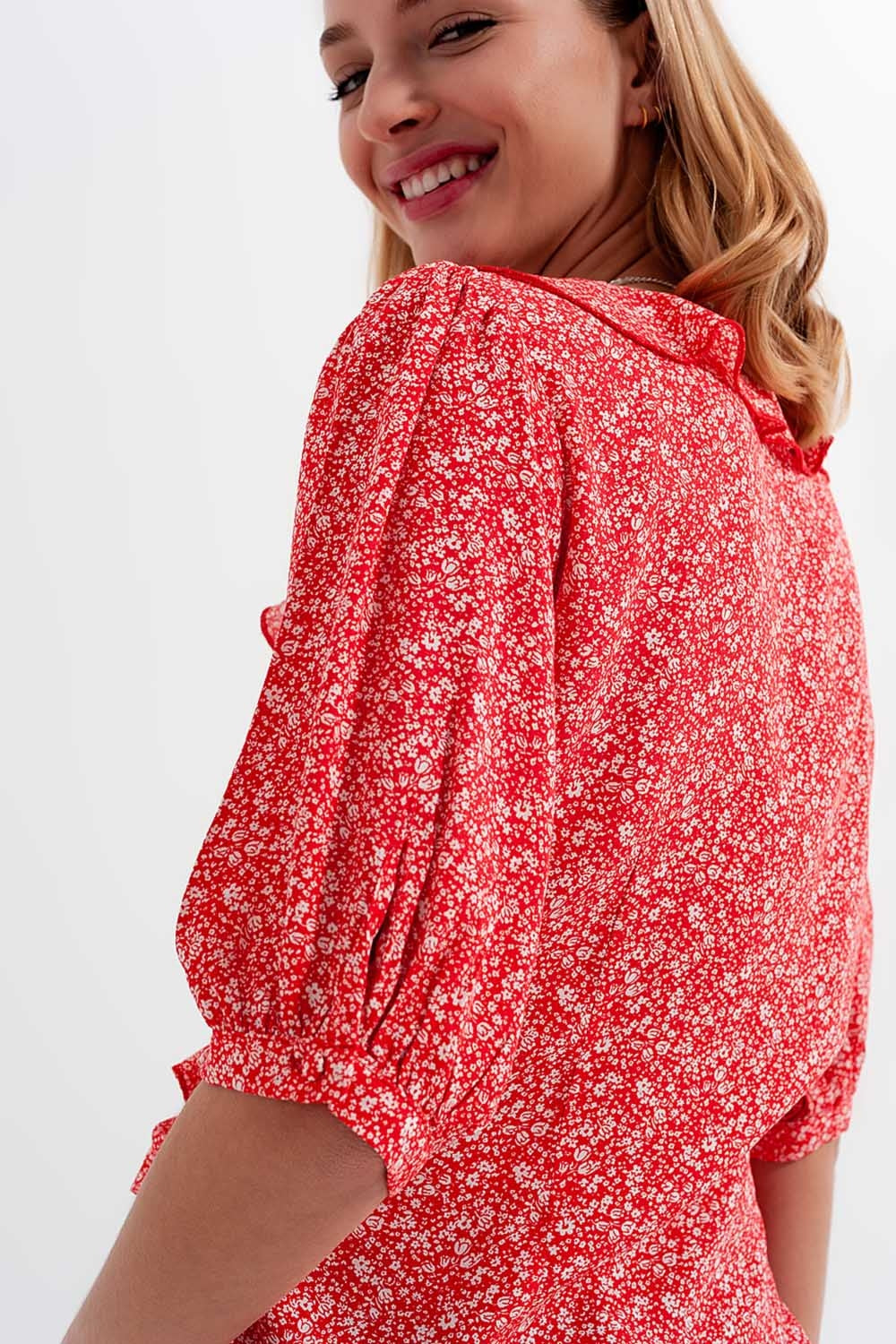 Red wrap top in clustered flower print - Shirts