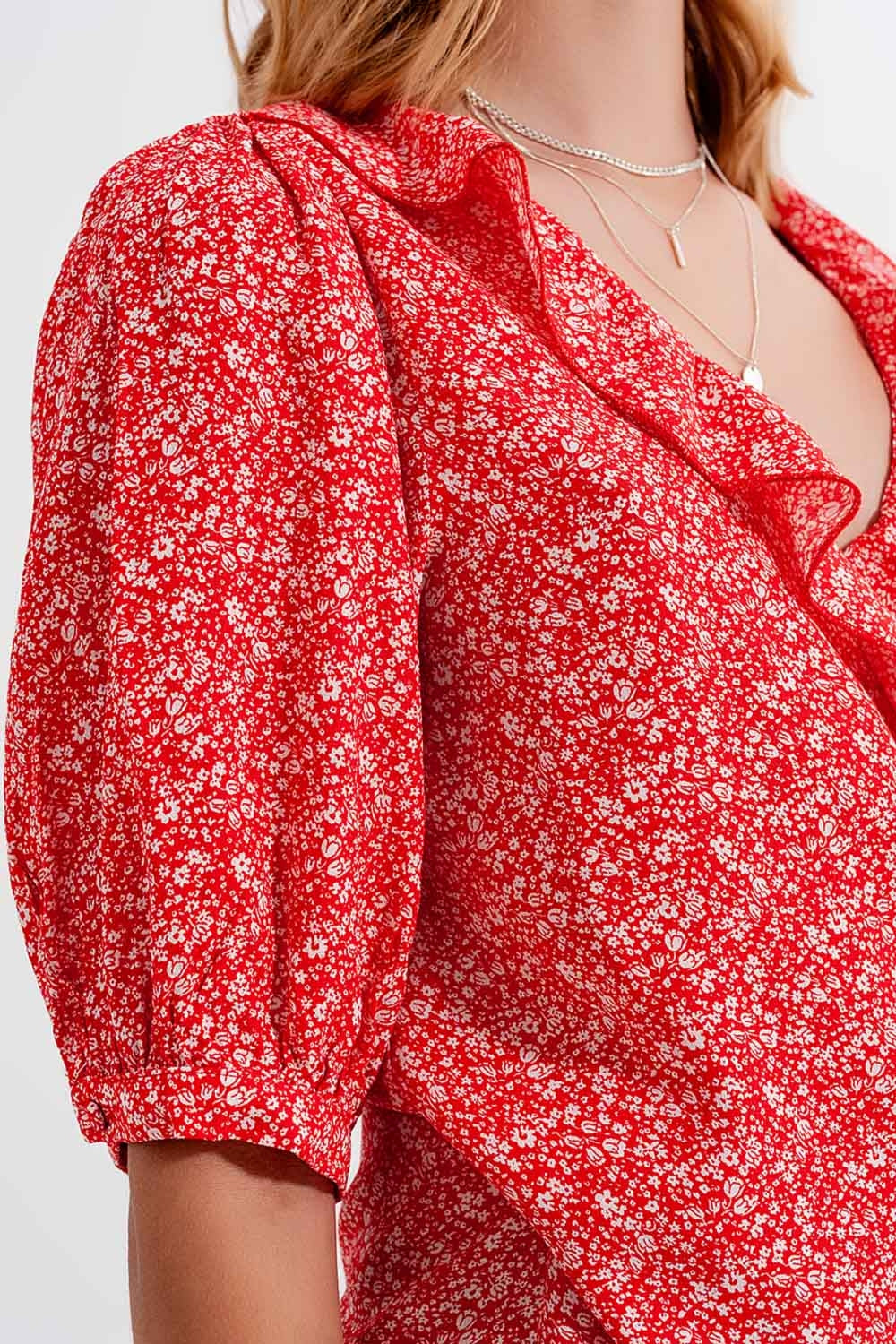 Red wrap top in clustered flower print - Shirts