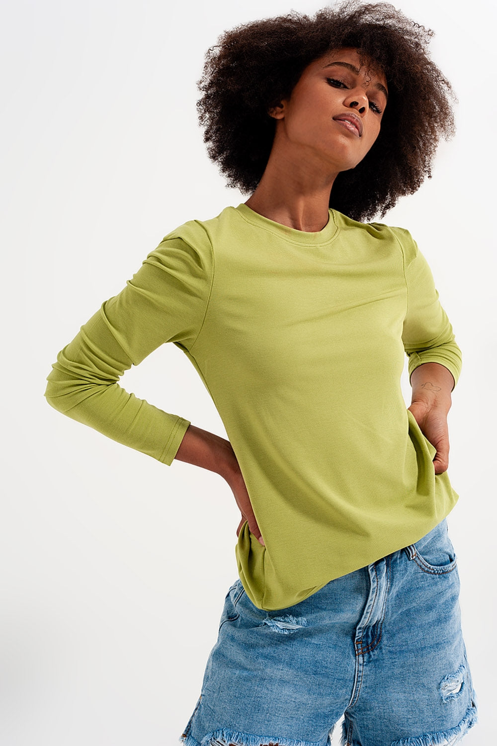 Long sleeve top with shoulder detail in green - top