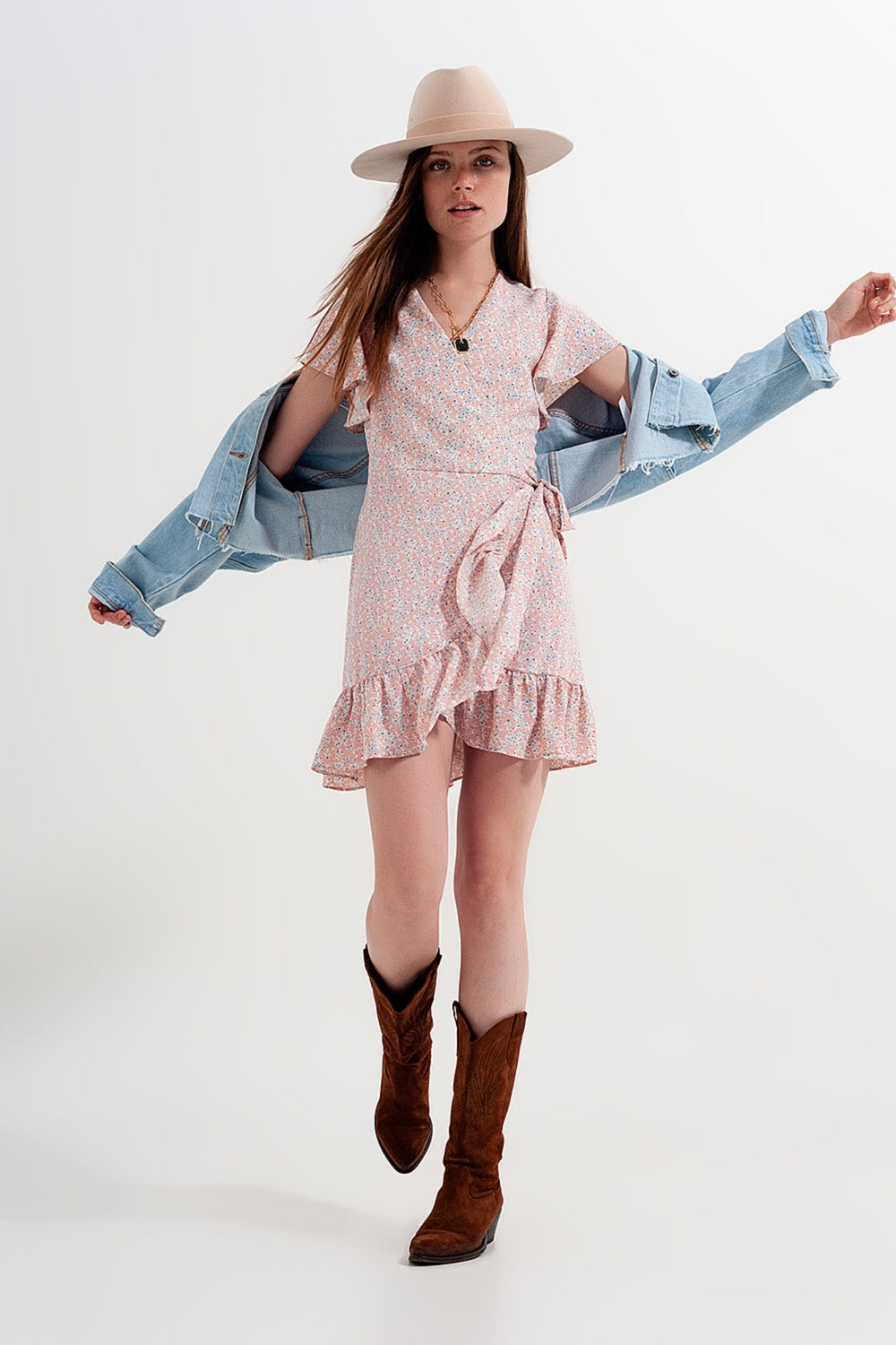 Mini wrap dress with frill hem in pink print - dress