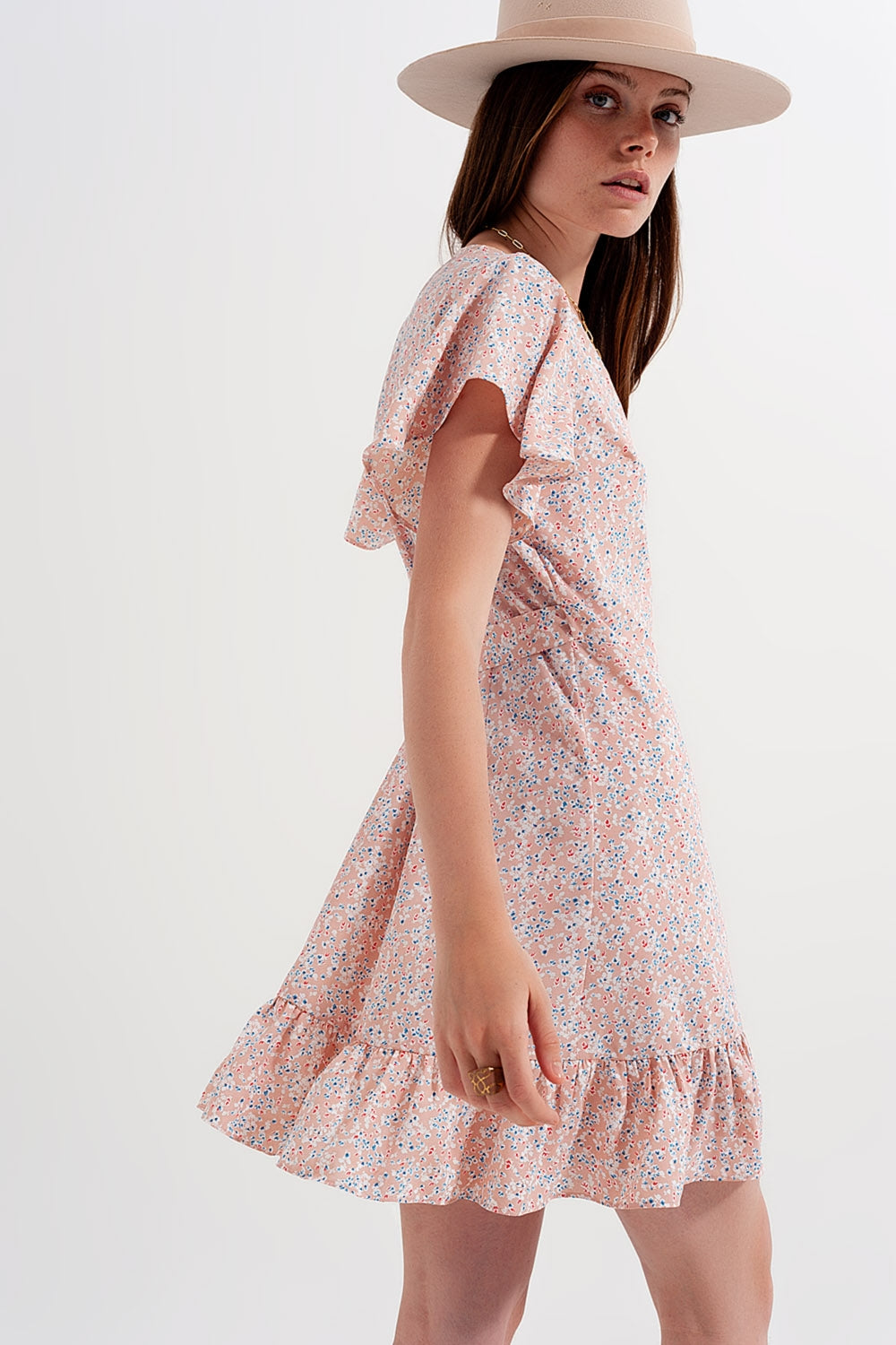 Mini wrap dress with frill hem in pink print - dress