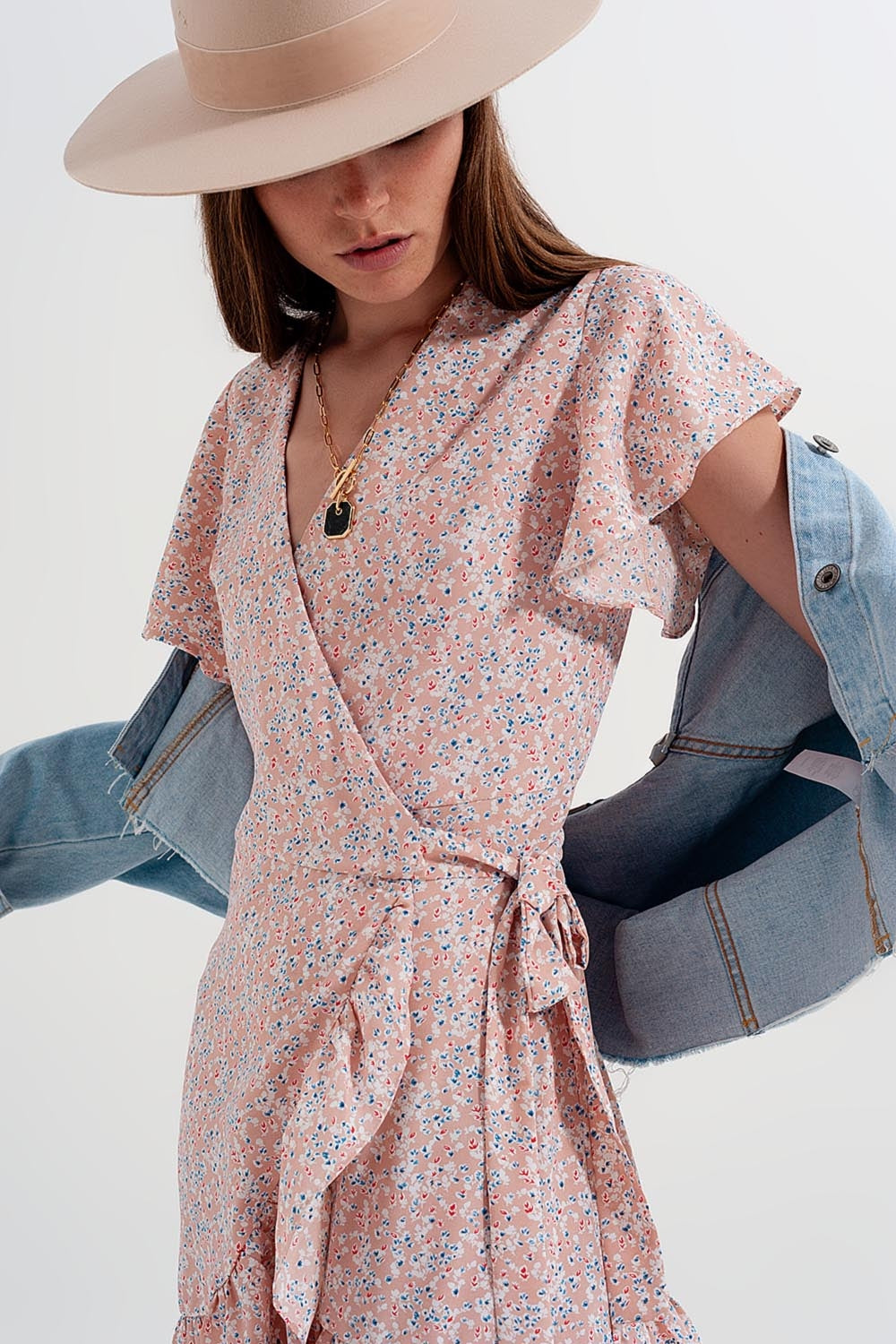 Mini wrap dress with frill hem in pink print - dress