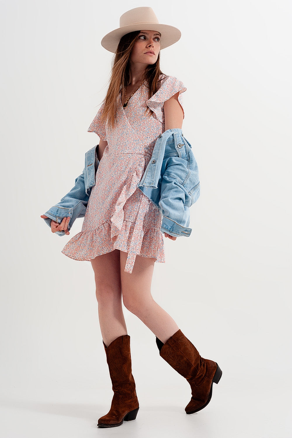 Mini wrap dress with frill hem in pink print - dress