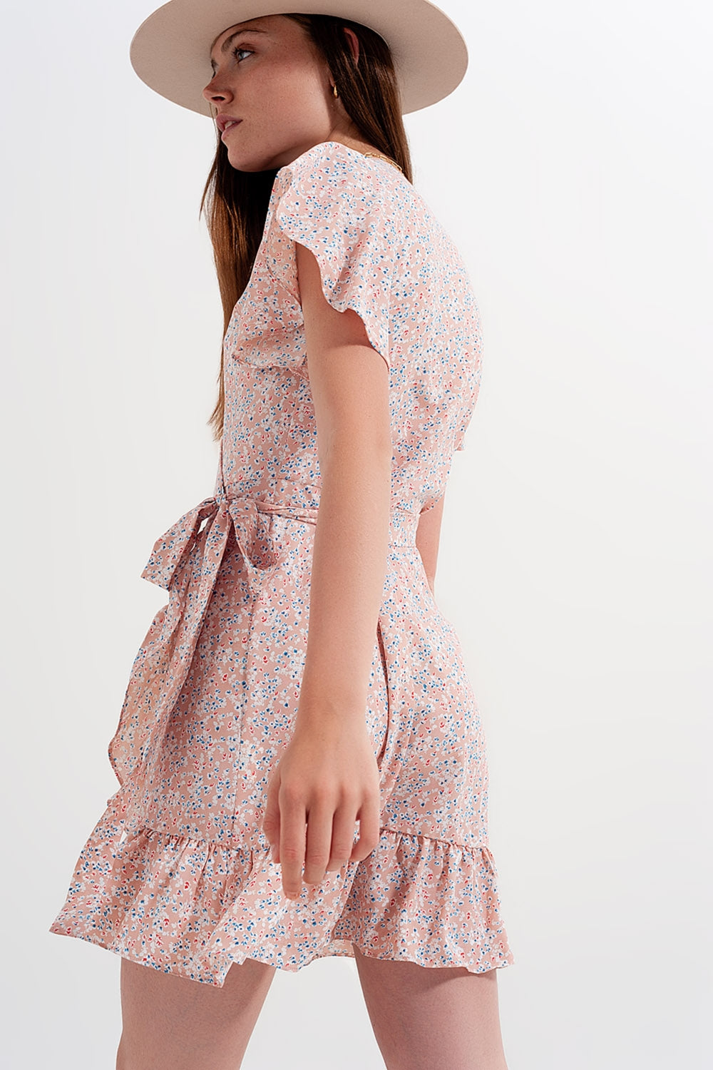 Mini wrap dress with frill hem in pink print - dress