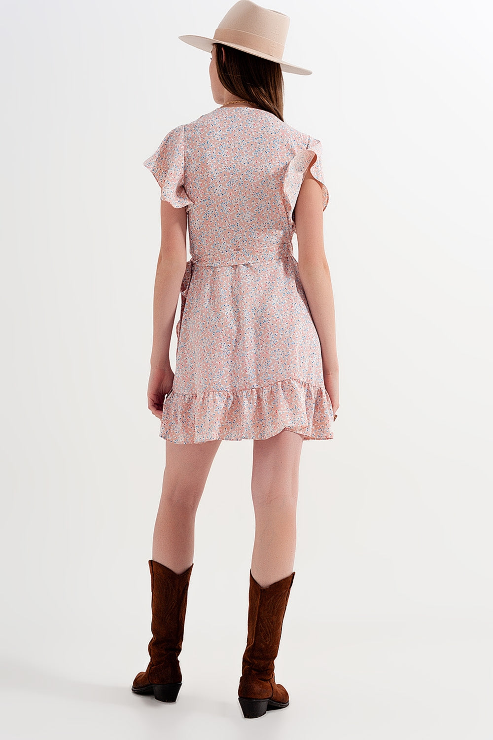 Mini wrap dress with frill hem in pink print - dress