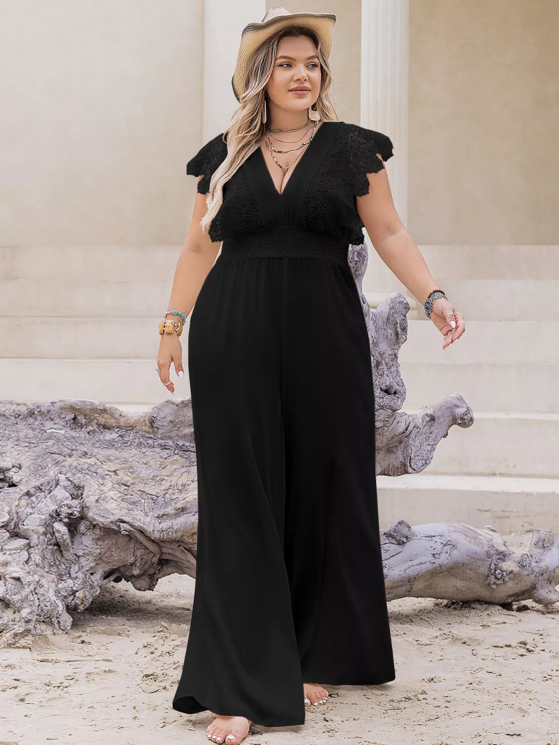 Plus Size Lace Cap Sleeve Wide Leg Jumpsuit -