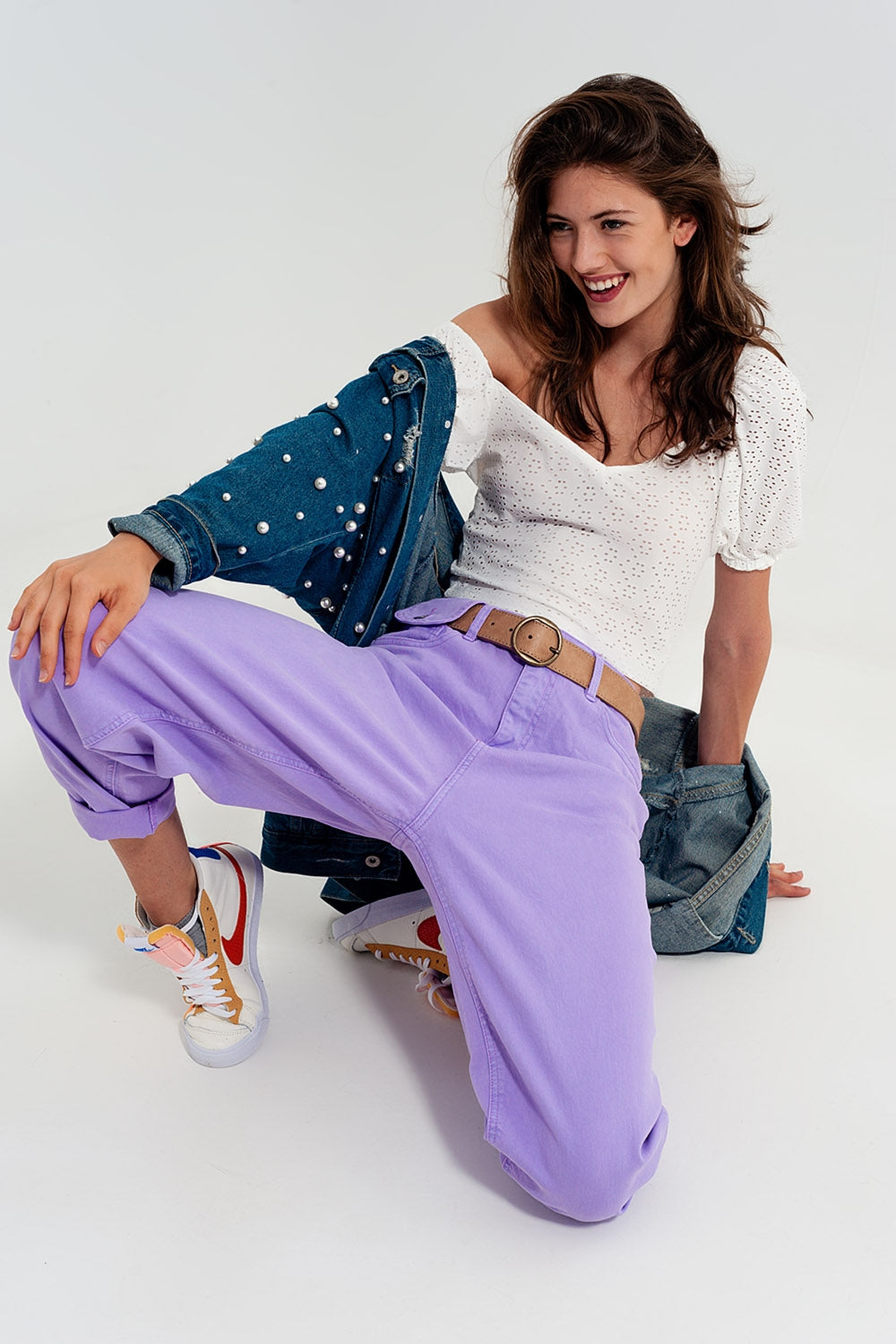 High  waisted loose tapered leg jeans in purple