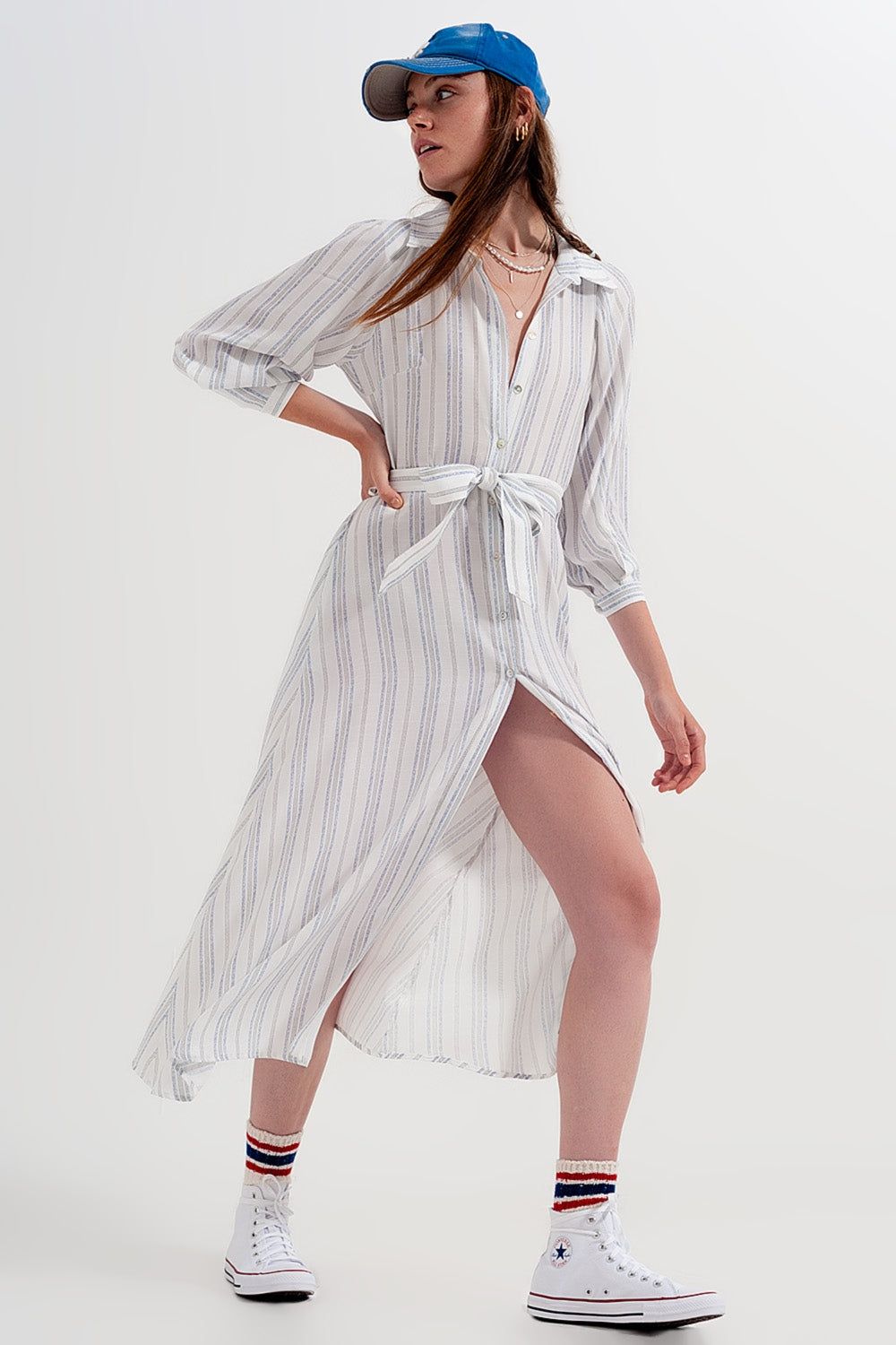 Robe chasuble mi-longue boutonnée rayée