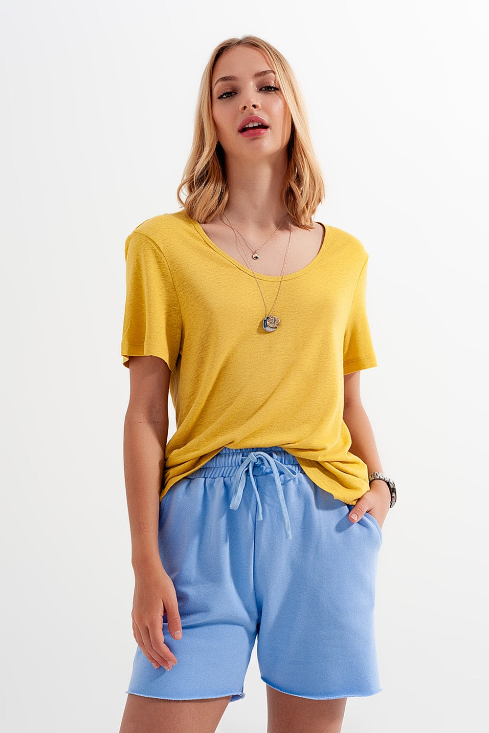 Linen mix scoop front t-shirt in Yellow - top