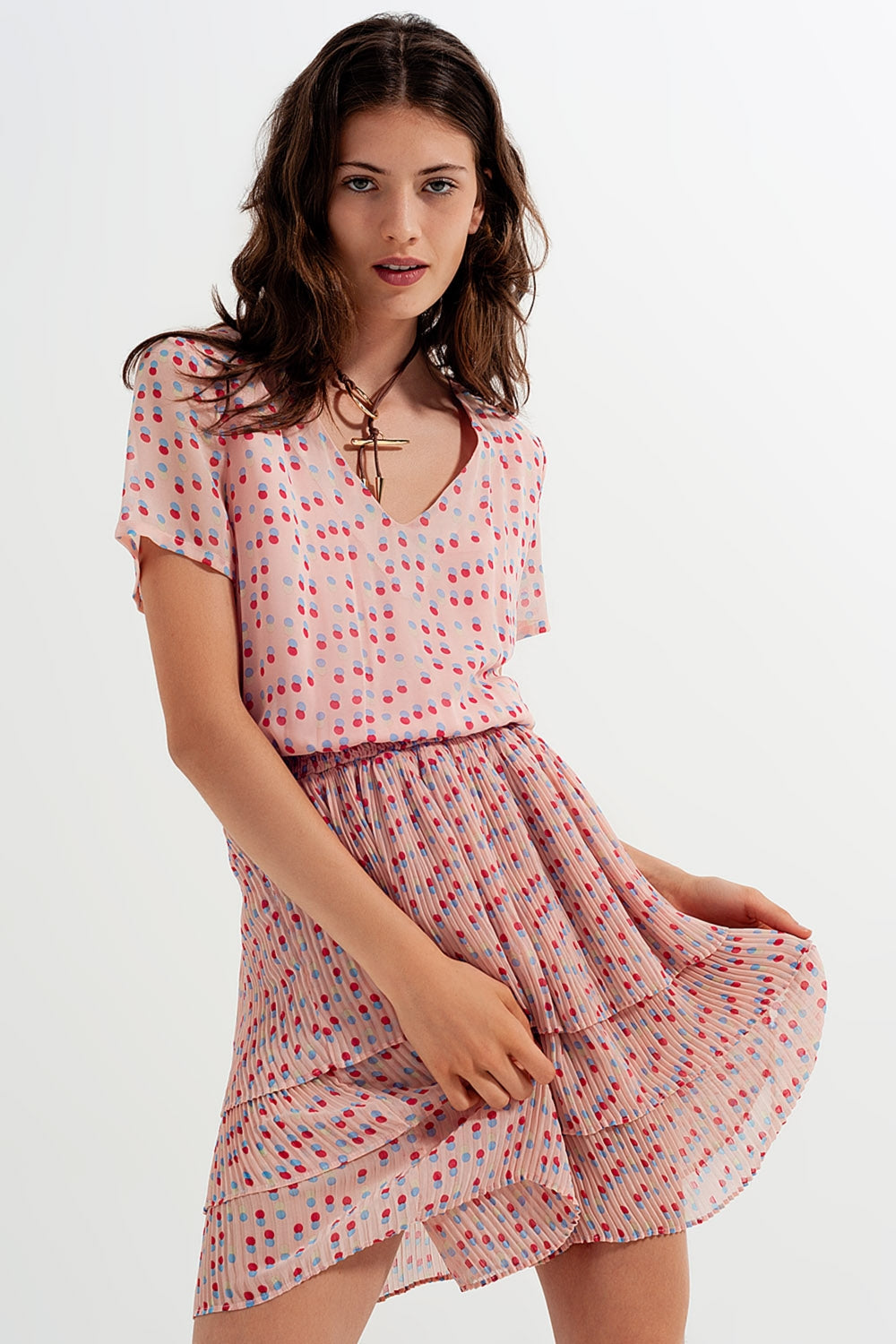 Shirred mini dress with peplum in pink - dress