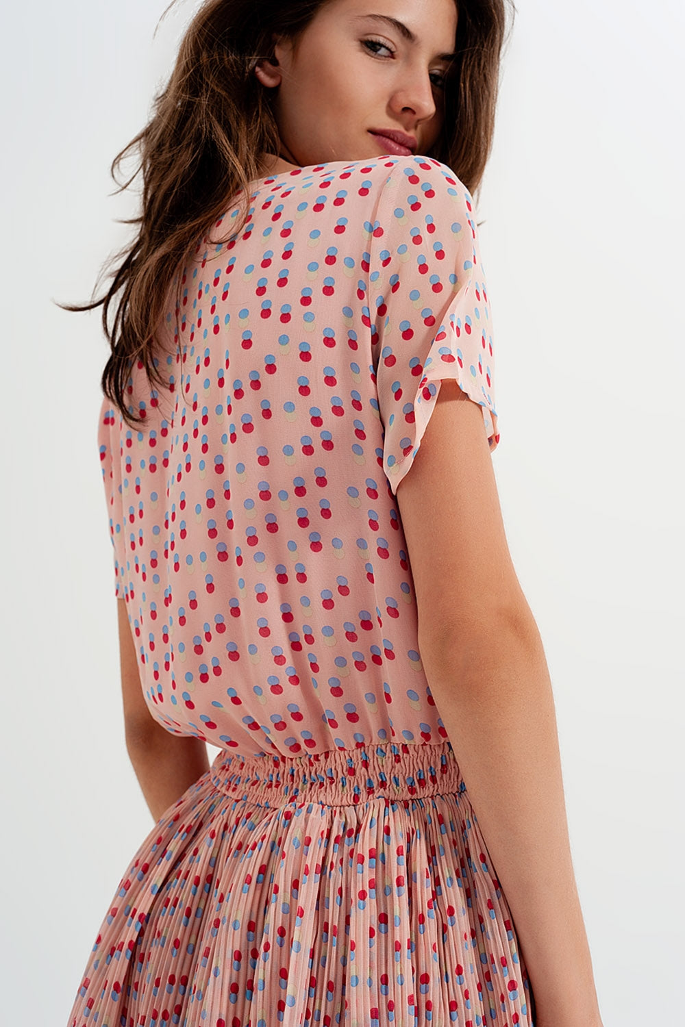 Shirred mini dress with peplum in pink - dress