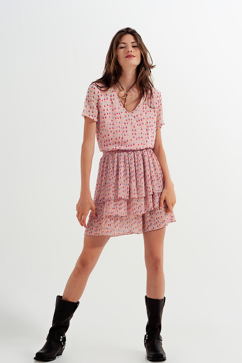 Shirred mini dress with peplum in pink - dress