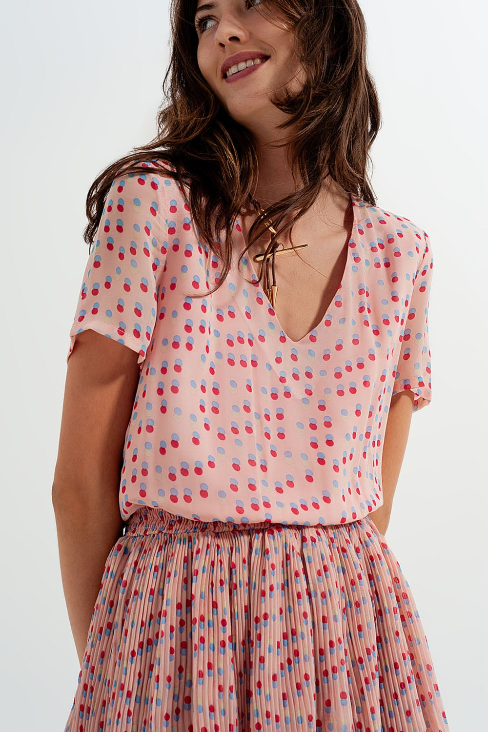 Shirred mini dress with peplum in pink - dress