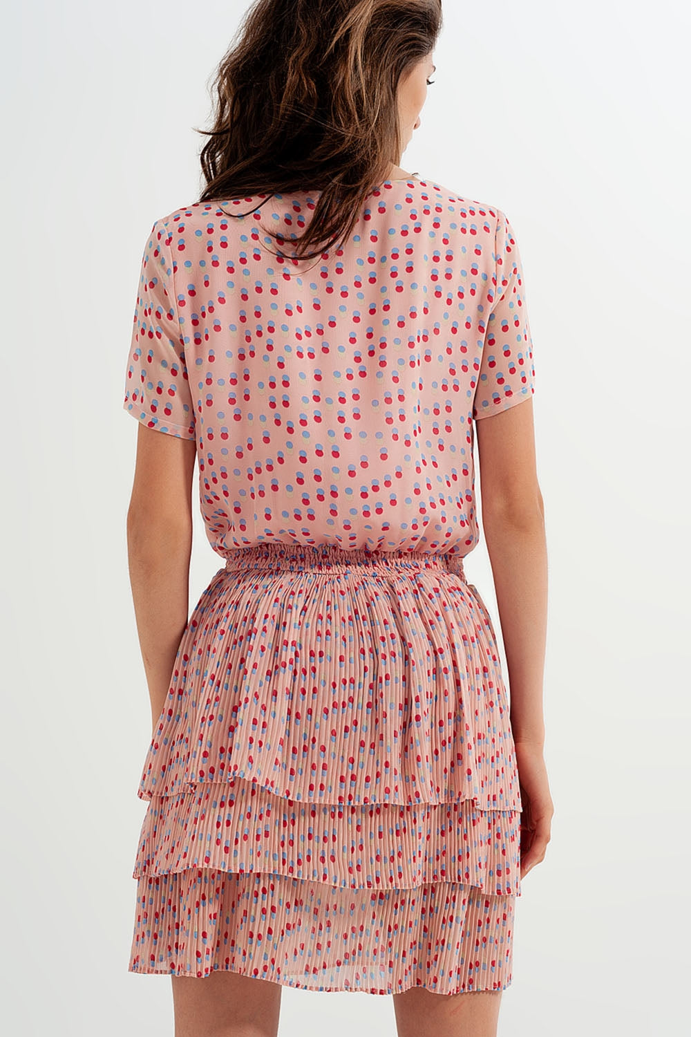 Shirred mini dress with peplum in pink - dress