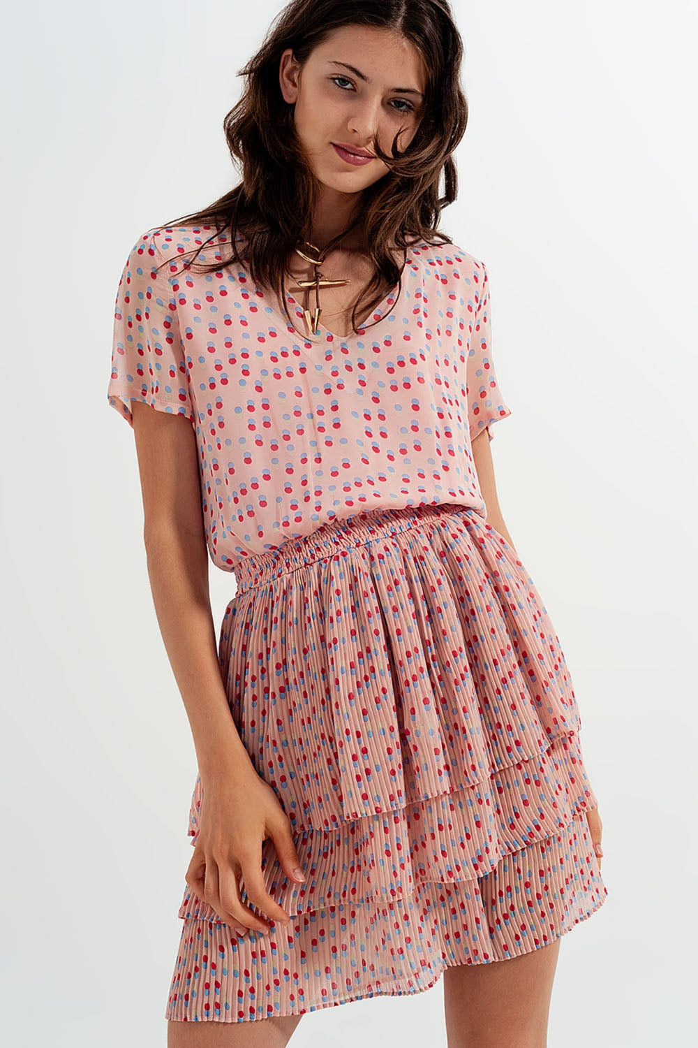 Shirred mini dress with peplum in pink - dress