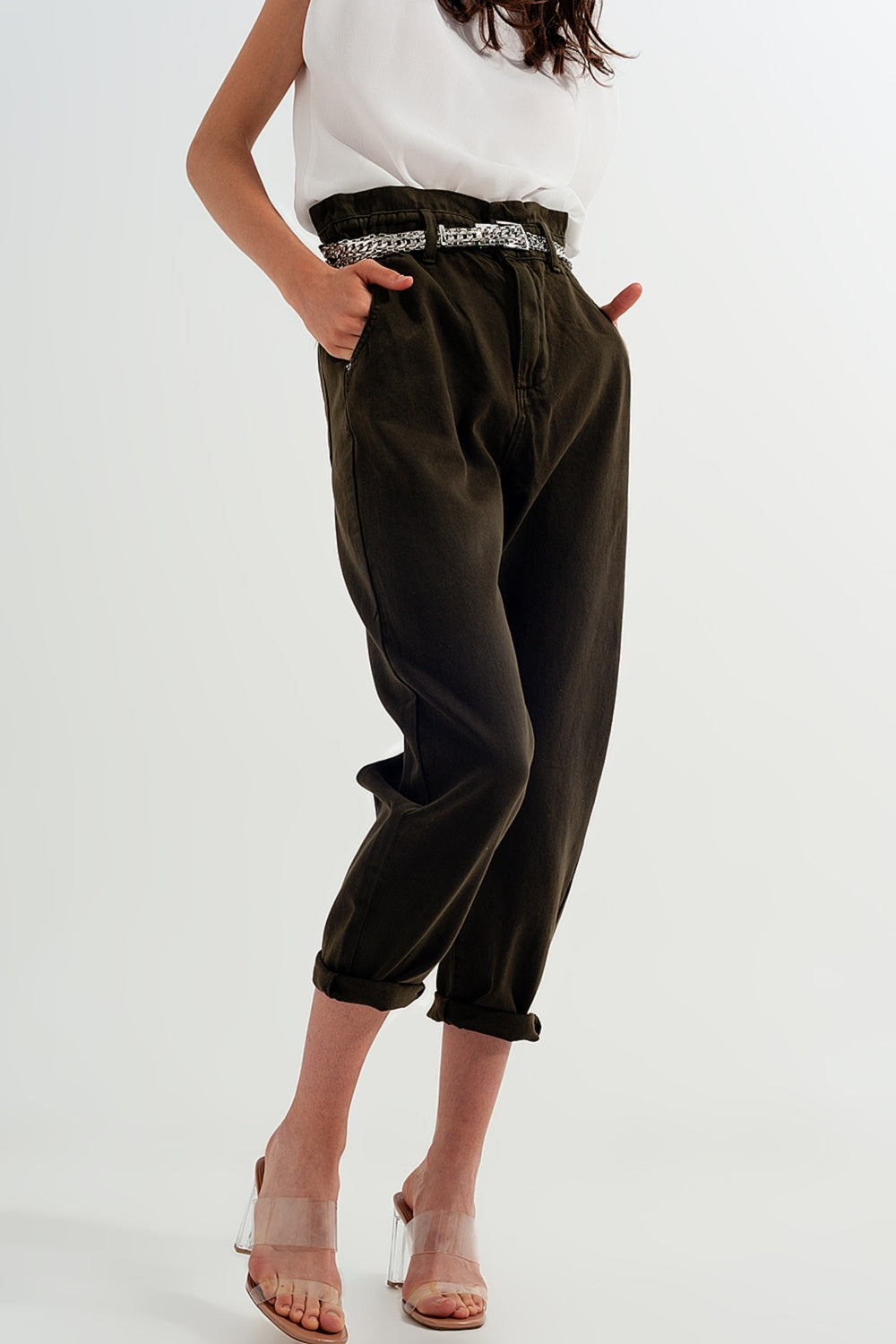 Dad jeans with paper bag waist in khaki